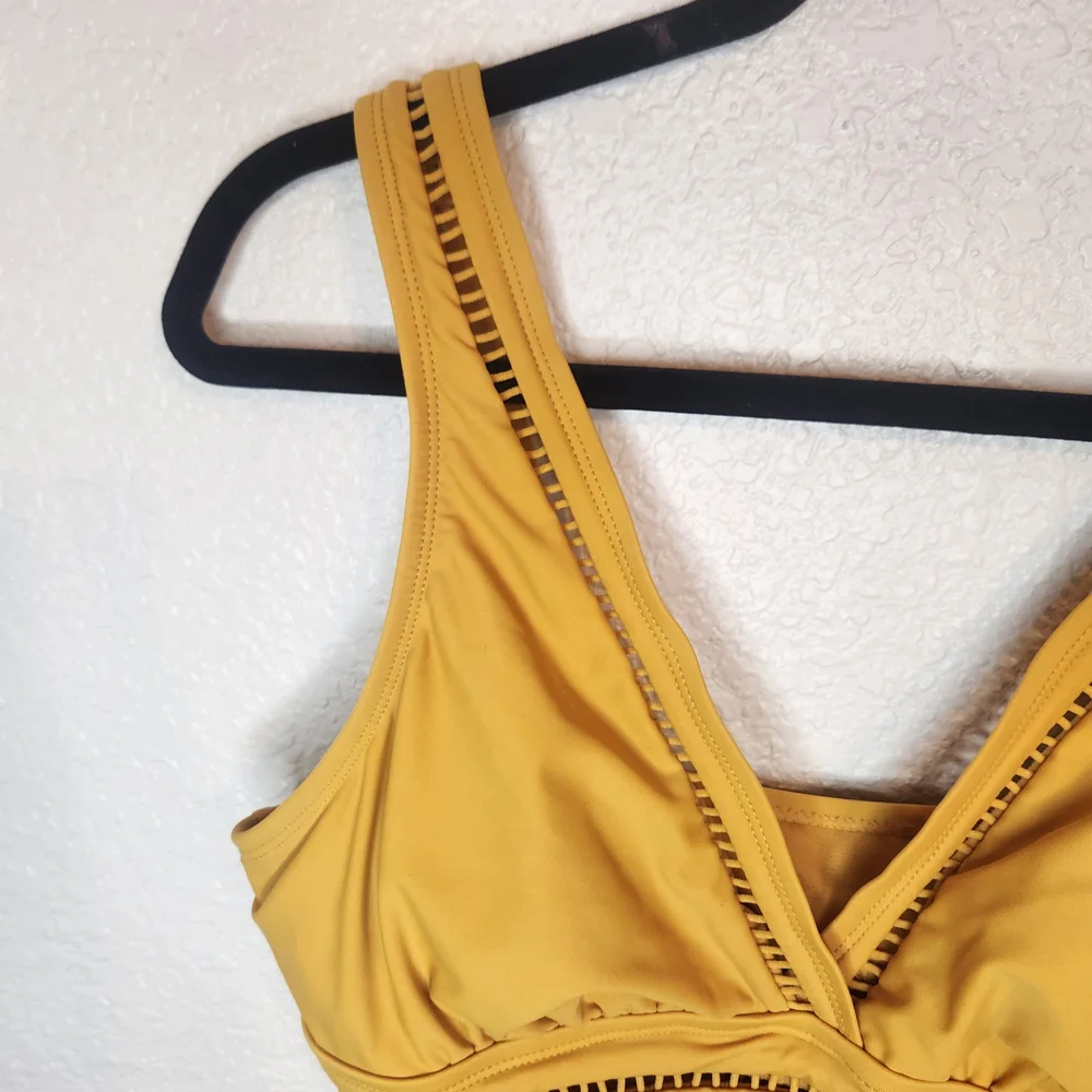 Time And Tru Womens Missy Tankini Swim Top Yellow Boho Travel Retro M 8 10